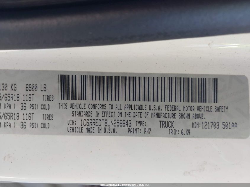 2020 Ram 1500 Laramie 4X2 6'4 Box VIN: 1C6RREDT8LN256643 Lot: 43984541