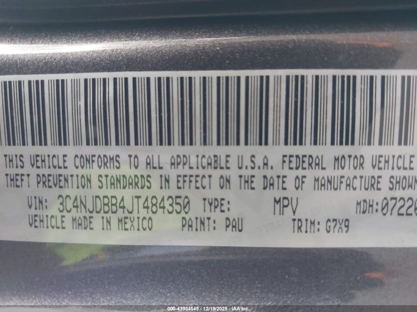2018 Jeep Compass Latitude 4X4 VIN: 3C4NJDBB4JT484350 Lot: 43984545