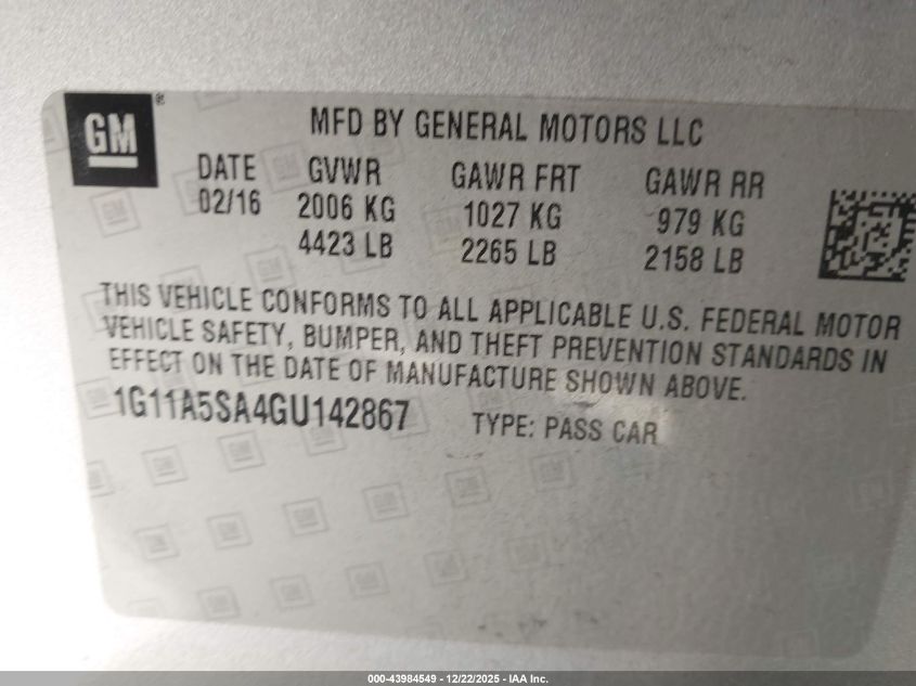 2016 Chevrolet Malibu Limited 1Fl VIN: 1G11A5SA4GU142867 Lot: 43984549