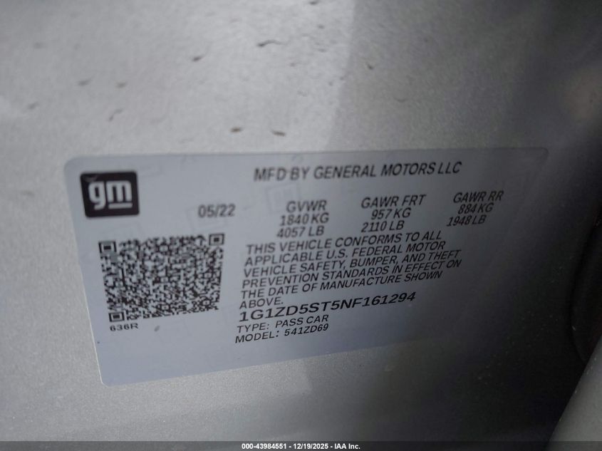 2022 Chevrolet Malibu Fwd Lt VIN: 1G1ZD5ST5NF161294 Lot: 43984551