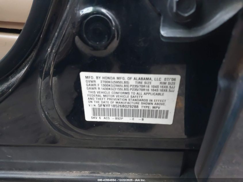 2006 Honda Pilot Ex-L VIN: 5FNYF18526B029288 Lot: 43984554