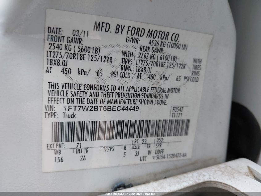 2011 Ford F-250 Xlt VIN: 1FT7W2BT6BEC44449 Lot: 43984555