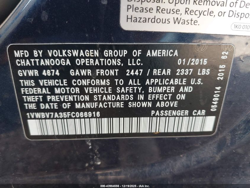 2015 Volkswagen Passat 2.0L Tdi Se VIN: 1VWBV7A35FC066916 Lot: 43984556