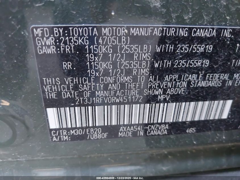 2024 Toyota Rav4 Adventure VIN: 2T3J1RFV0RW451172 Lot: 43984559