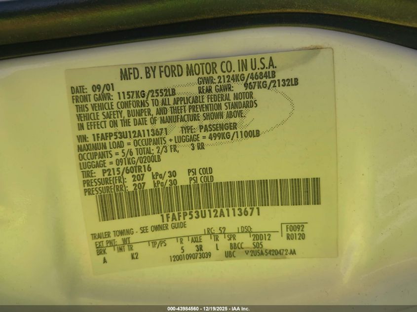 2002 Ford Taurus Se VIN: 1FAFP53U12A113671 Lot: 43984560