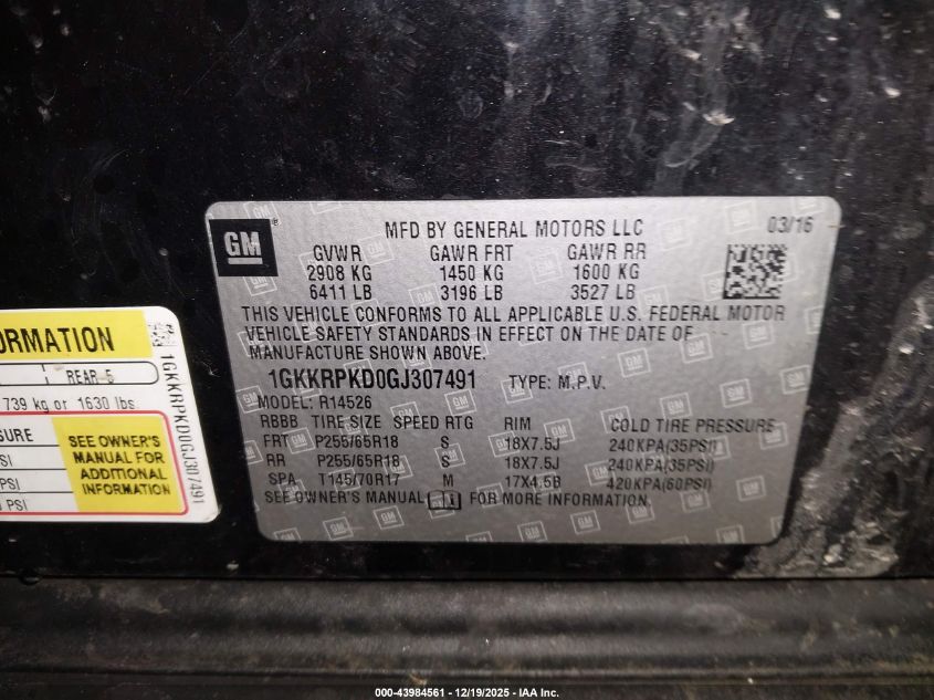 2016 GMC Acadia Sle-2 VIN: 1GKKRPKD0GJ307491 Lot: 43984561