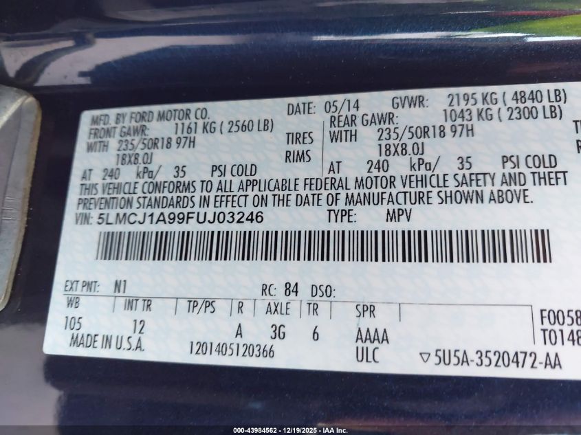 2015 Lincoln Mkc VIN: 5LMCJ1A99FUJ03246 Lot: 43984562