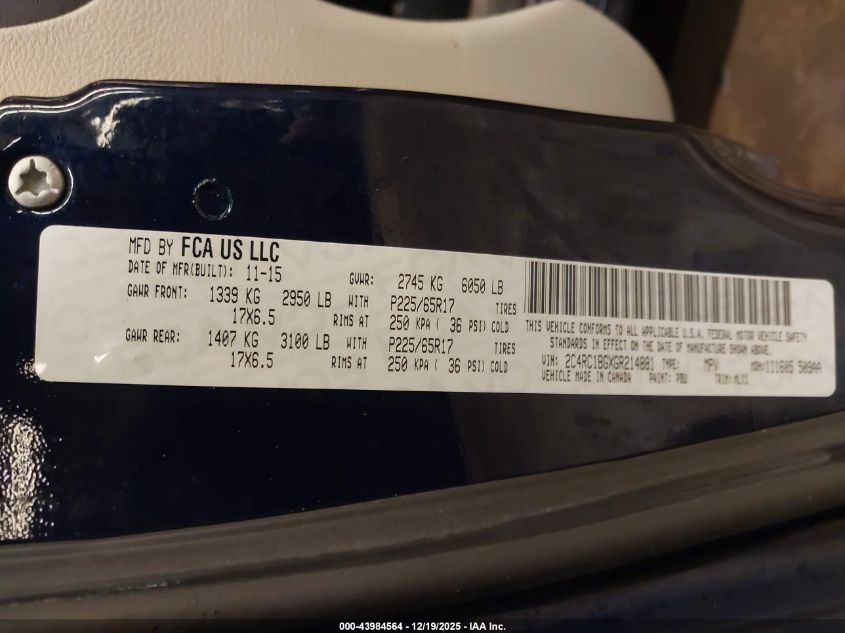 2016 Chrysler Town & Country Touring VIN: 2C4RC1BGXGR214881 Lot: 43984564