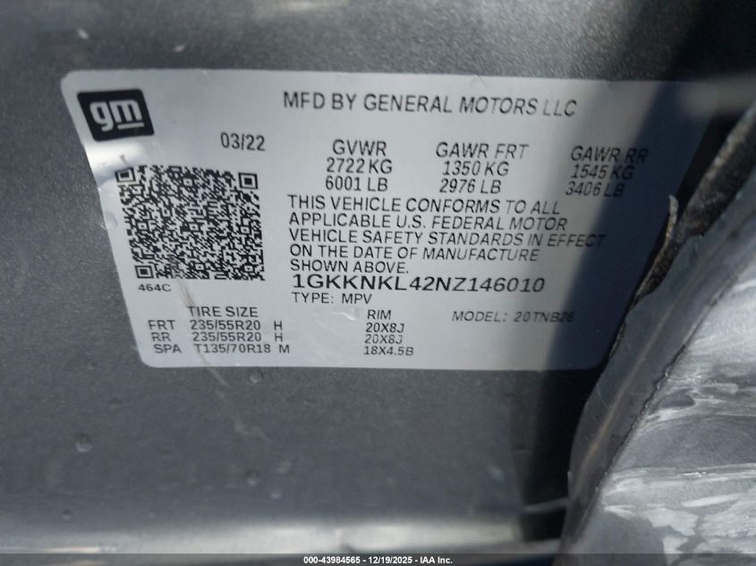 2022 GMC Acadia Fwd Sle VIN: 1GKKNKL42NZ146010 Lot: 43984565