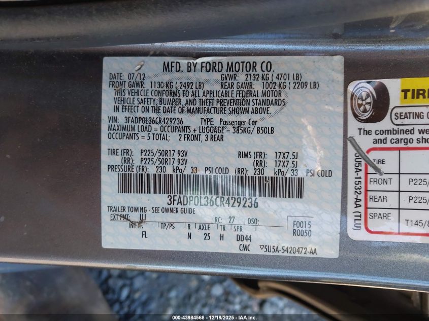 2012 Ford Fusion Hybrid VIN: 3FADP0L36CR429236 Lot: 43984568