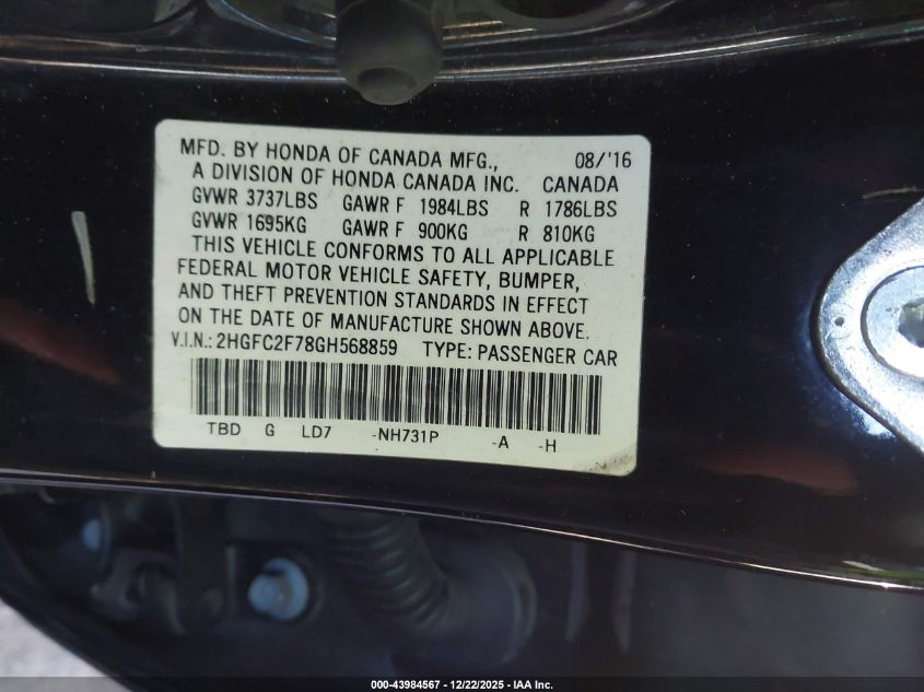 2016 Honda Civic Ex VIN: 2HGFC2F78GH568859 Lot: 43984567