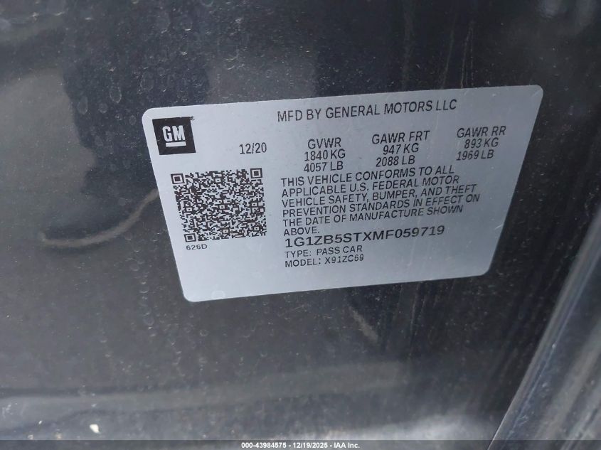 2021 Chevrolet Malibu Fwd Ls VIN: 1G1ZB5STXMF059719 Lot: 43984575