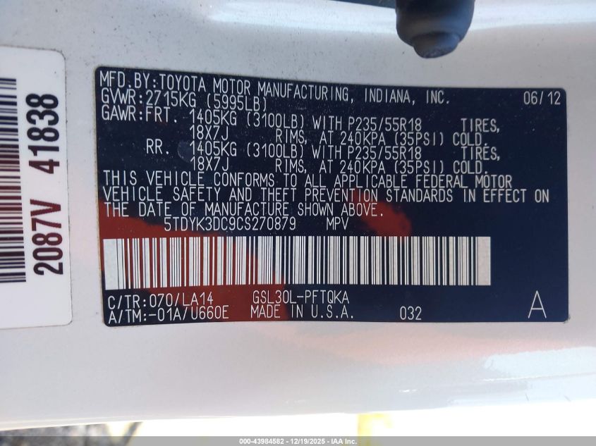 2012 Toyota Sienna Limited V6 7 Passenger VIN: 5TDYK3DC9CS270879 Lot: 43984582