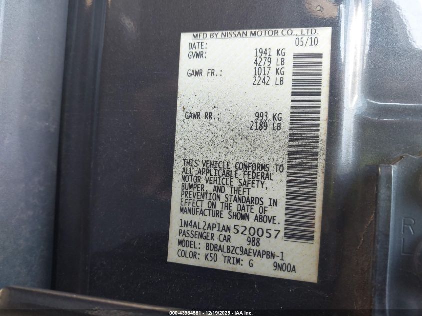 2010 Nissan Altima 2.5 S VIN: 1N4AL2AP1AN520057 Lot: 43984581