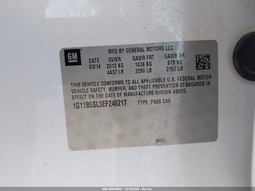 2014 Chevrolet Malibu 1Ls VIN: 1G11B5SL3EF246217 Lot: 43984583