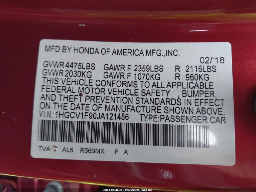 2018 Honda Accord Touring VIN: 1HGCV1F90JA121456 Lot: 43984590