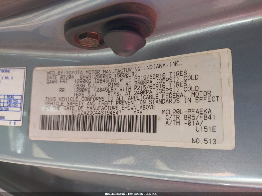 2004 Toyota Sienna Le VIN: 5TDZA23C44S194847 Lot: 43984595