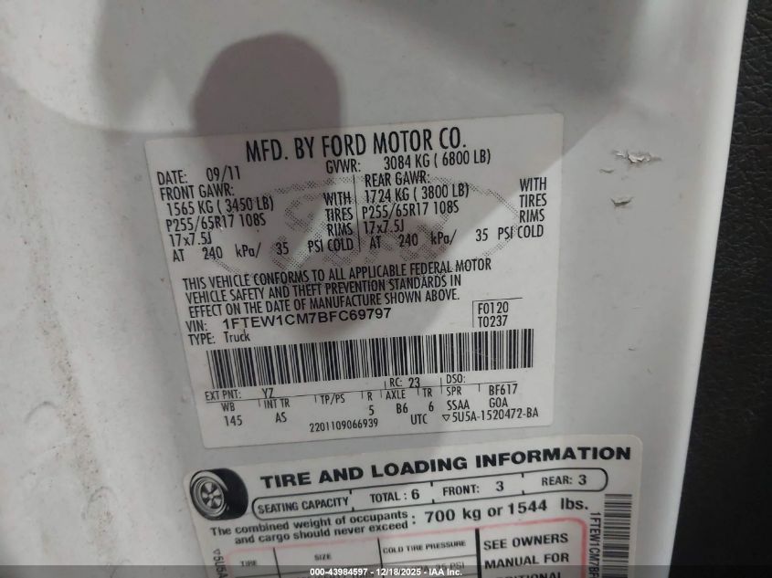 2011 Ford F-150 Xl VIN: 1FTEW1CM7BFC69797 Lot: 43984597