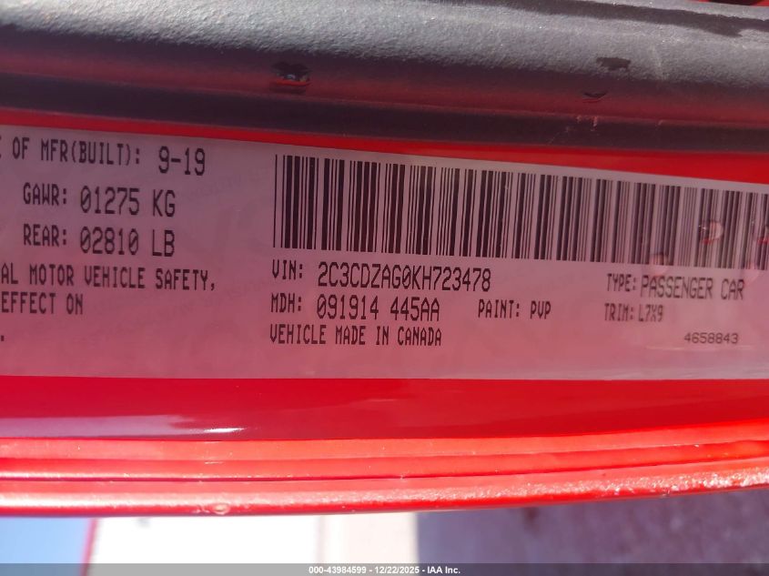 2019 Dodge Challenger Sxt VIN: 2C3CDZAG0KH723478 Lot: 43984599