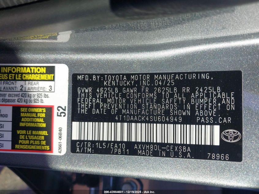 2025 Toyota Camry Se VIN: 4T1DAACK4SU604949 Lot: 43984601
