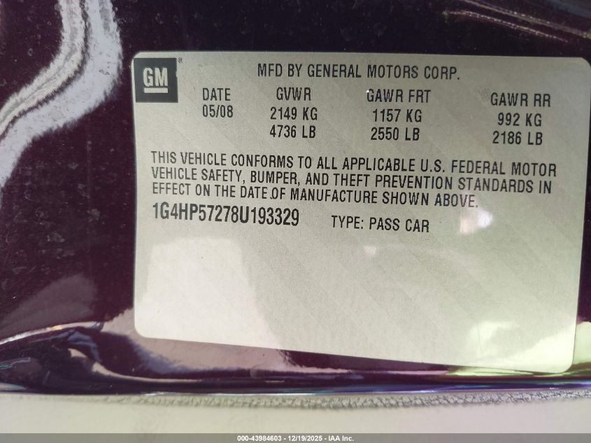 2008 Buick Lucerne Cx VIN: 1G4HP57278U193329 Lot: 43984603