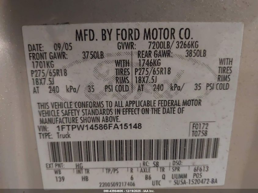 2006 Ford F-150 Fx4/Lariat/Xlt VIN: 1FTPW14586FA15148 Lot: 43984606