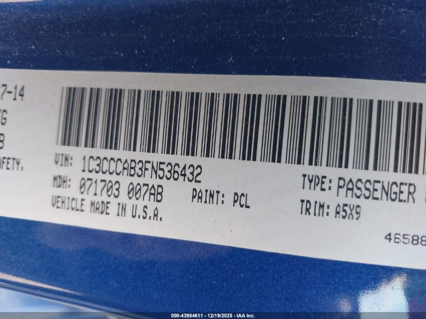 2015 Chrysler 200 Limited VIN: 1C3CCCAB3FN536432 Lot: 43984611