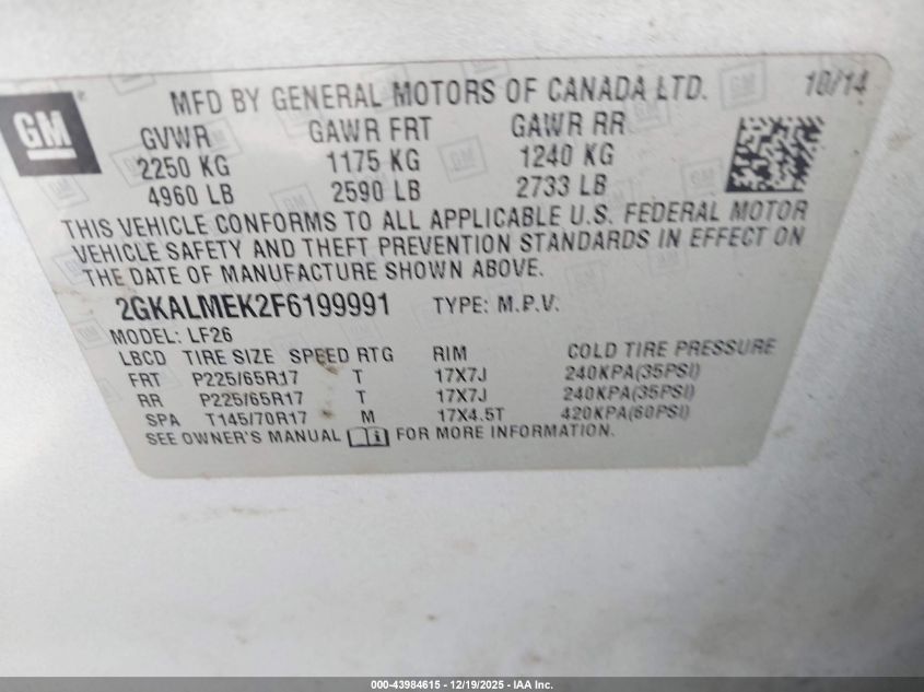 2015 GMC Terrain Sle-1 VIN: 2GKALMEK2F6199991 Lot: 43984615