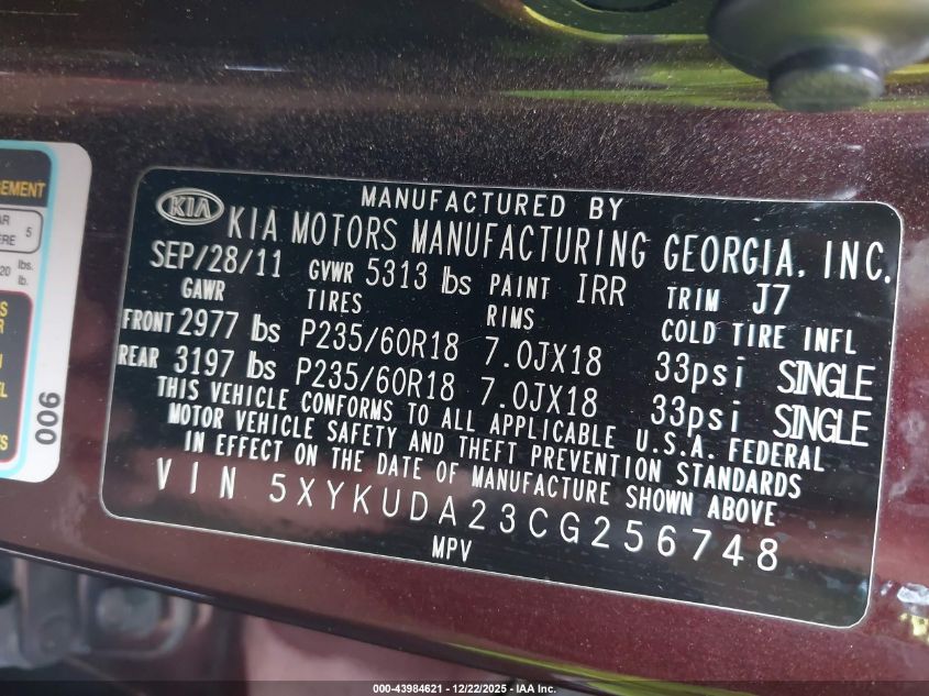 2012 Kia Sorento Ex V6 VIN: 5XYKUDA23CG256748 Lot: 43984621