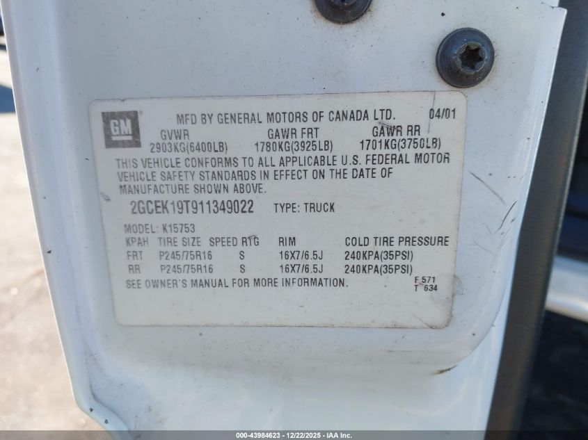 2001 Chevrolet Silverado 1500 Lt VIN: 2GCEK19T911349022 Lot: 43984623
