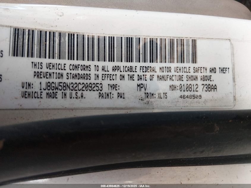 2002 Jeep Grand Cherokee Limited VIN: 1J8GW58N32C209253 Lot: 43984625