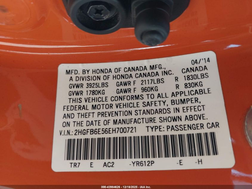 2014 Honda Civic Si VIN: 2HGFB6E56EH700721 Lot: 43984626