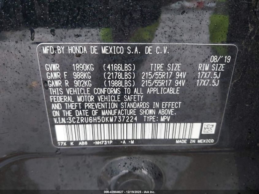 2019 Honda Hr-V Ex VIN: 3CZRU6H50KM737224 Lot: 43984627