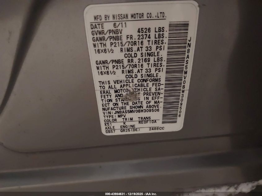 2011 Nissan Rogue S VIN: JN8AS5MV0BW309506 Lot: 43984631