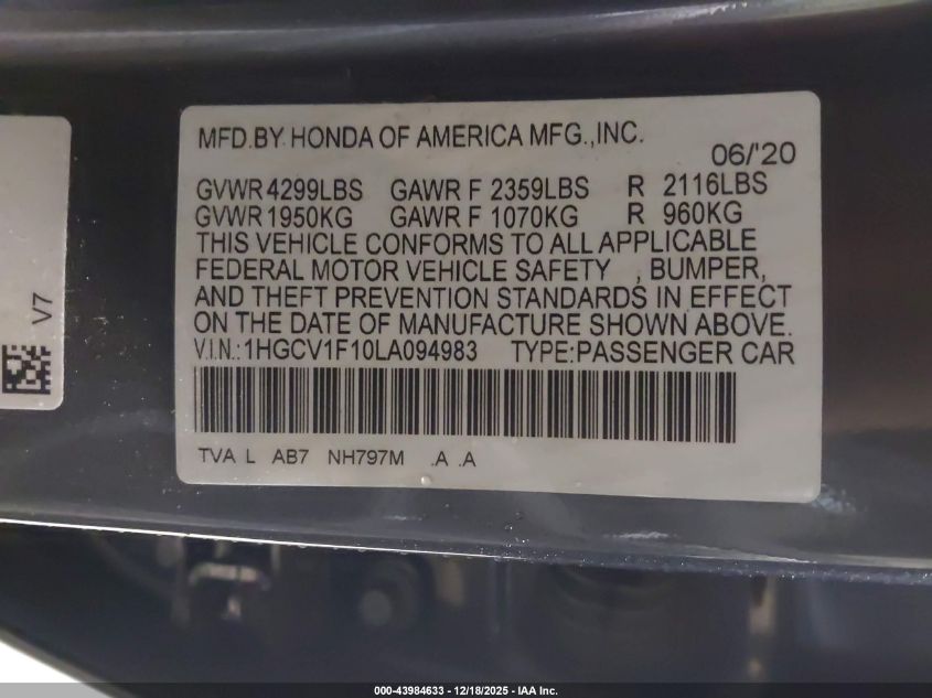 2020 Honda Accord Lx VIN: 1HGCV1F10LA094983 Lot: 43984633