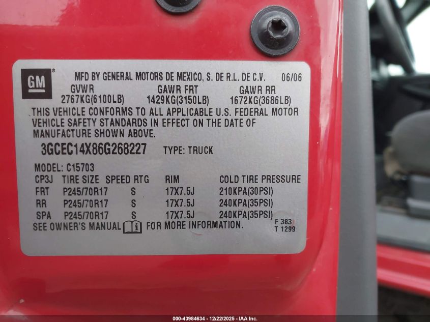 2006 Chevrolet Silverado 1500 Work Truck VIN: 3GCEC14X86G268227 Lot: 43984634