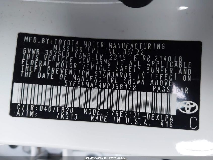 2022 Toyota Corolla Le VIN: 5YFEPMAE4NP368178 Lot: 43984635