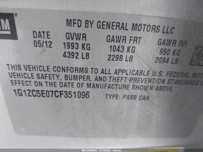 2012 Chevrolet Malibu 1Lt VIN: 1G1ZC5E07CF351096 Lot: 43984642