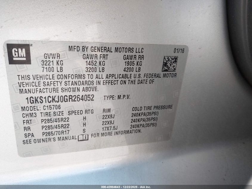 2016 GMC Yukon Denali VIN: 1GKS1CKJ0GR264052 Lot: 43984643