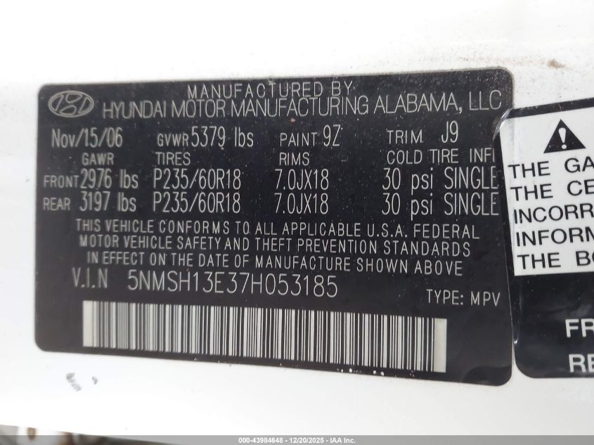 2007 Hyundai Santa Fe Limited/Se VIN: 5NMSH13E37H053185 Lot: 43984648