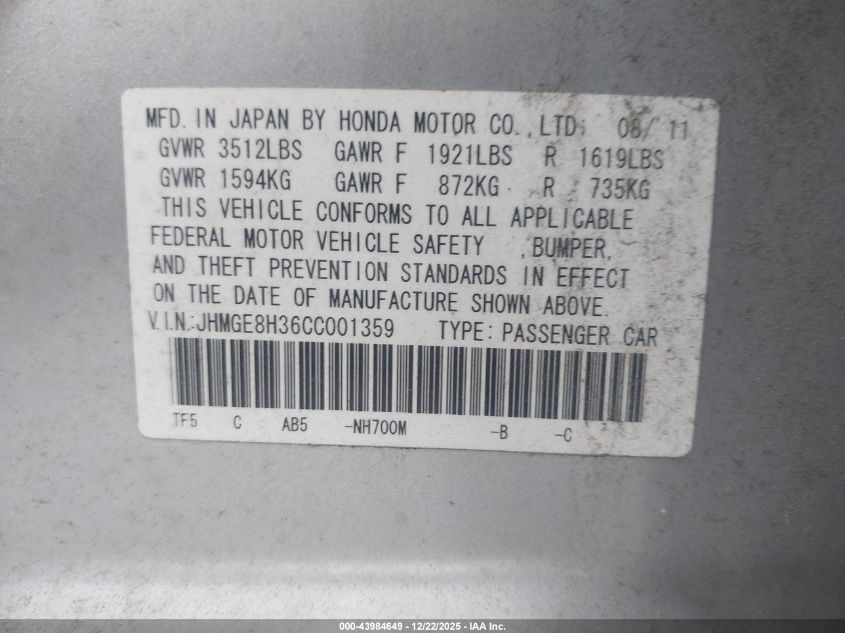 2012 Honda Fit VIN: JHMGE8H36CC001359 Lot: 43984649