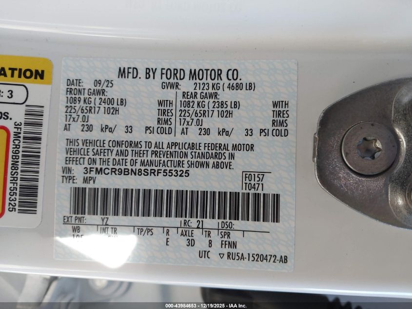 2025 Ford Bronco Sport Big Bend VIN: 3FMCR9BN8SRF55325 Lot: 43984653