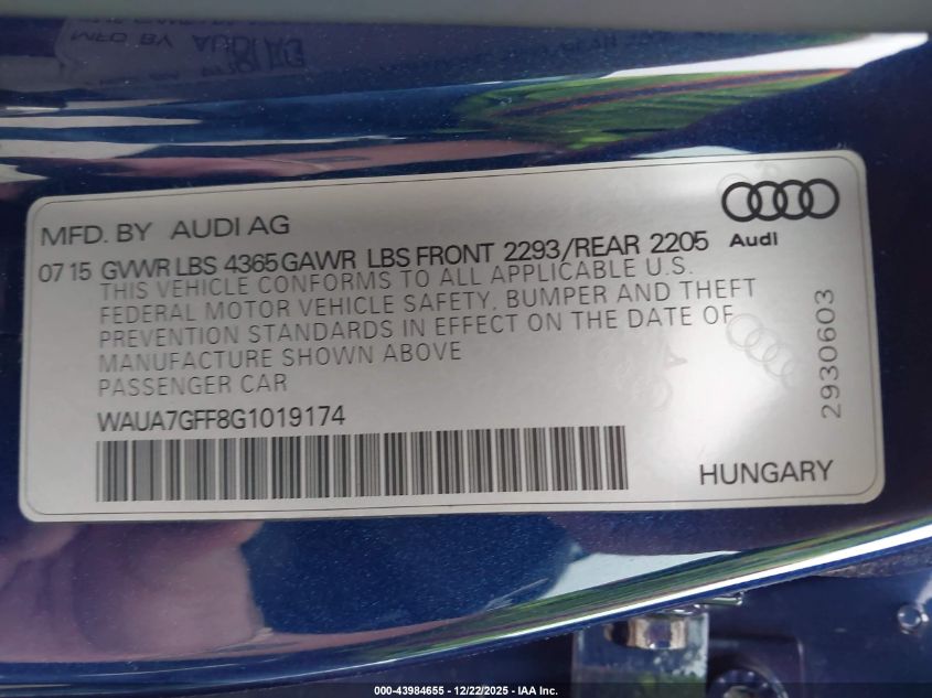 2016 Audi A3 1.8T Premium VIN: WAUA7GFF8G1019174 Lot: 43984655