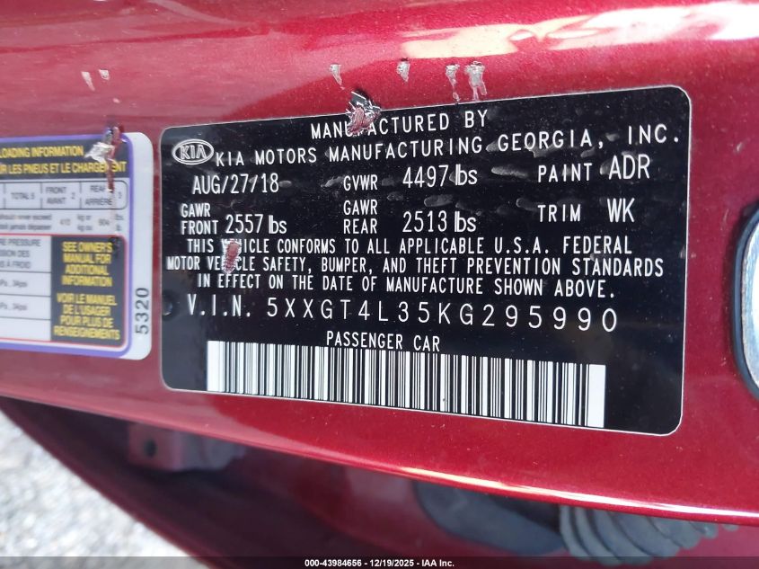 2019 Kia Optima S VIN: 5XXGT4L35KG295990 Lot: 43984656