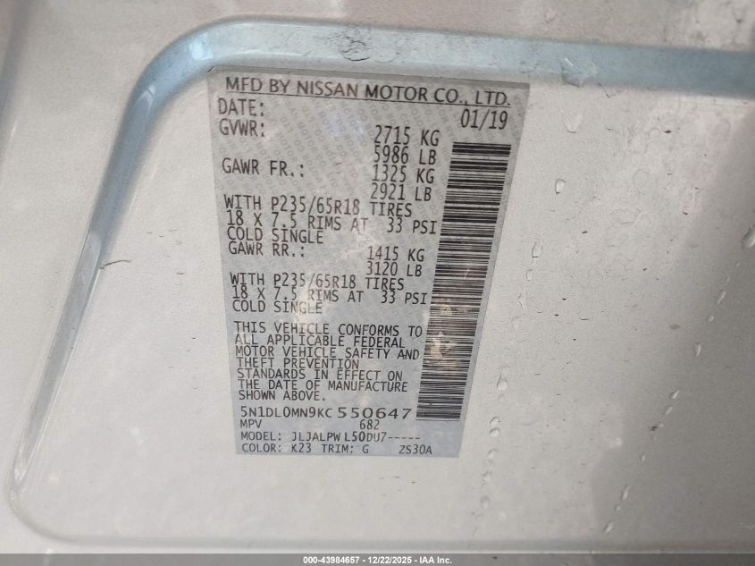 2019 Infiniti Qx60 Pure VIN: 5N1DL0MN9KC550647 Lot: 43984657