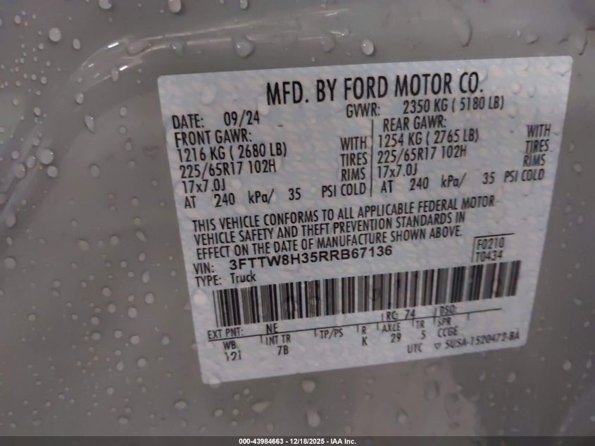 2024 Ford Maverick Xlt VIN: 3FTTW8H35RRB67136 Lot: 43984663