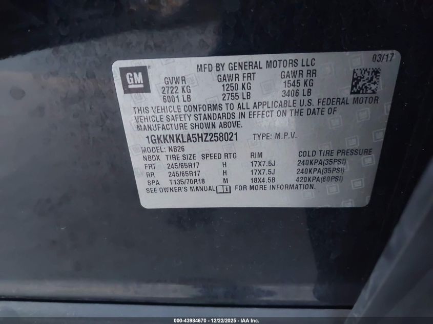 2017 GMC Acadia Sle-1 VIN: 1GKKNKLA5HZ258021 Lot: 43984670