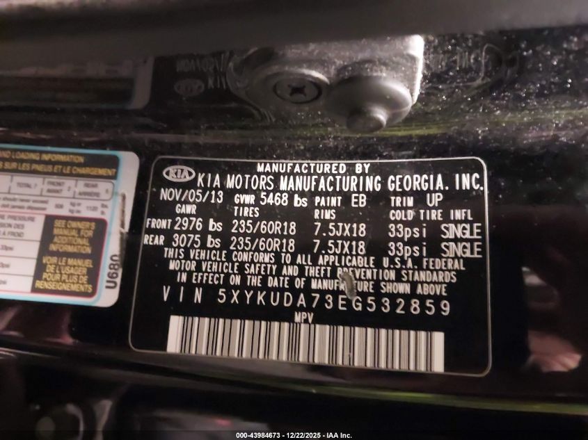 2014 Kia Sorento Ex V6 VIN: 5XYKUDA73EG532859 Lot: 43984673