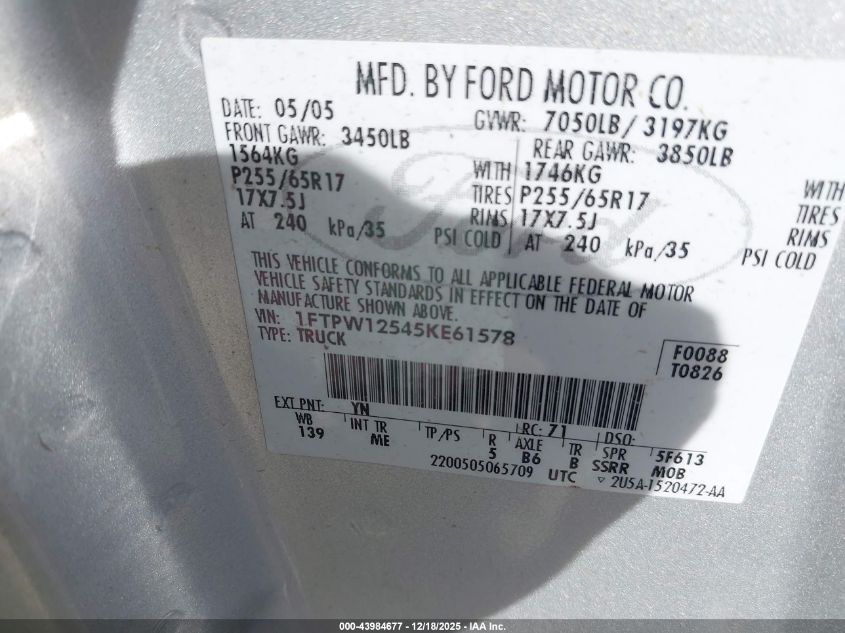 2005 Ford F-150 Lariat/Xlt VIN: 1FTPW12545KE61578 Lot: 43984677