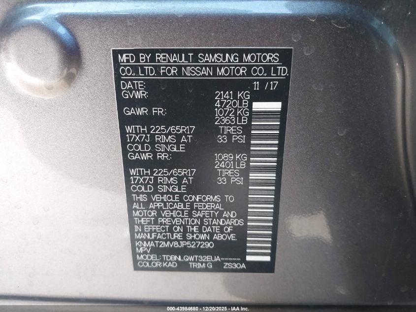 2018 Nissan Rogue Sv VIN: KNMAT2MV8JP527290 Lot: 43984680